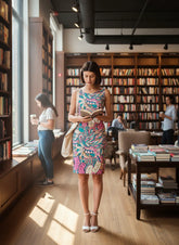 Arane knee length dress by Blissfully Brand featuring bold, colorful floral paisley patterns for a vibrant, statement-making style. Retro Chic & Vintage vibe